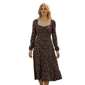 Forever 21 Dark Floral Milkmaid Dress Large Smocked Midi Peasant Cottagecore